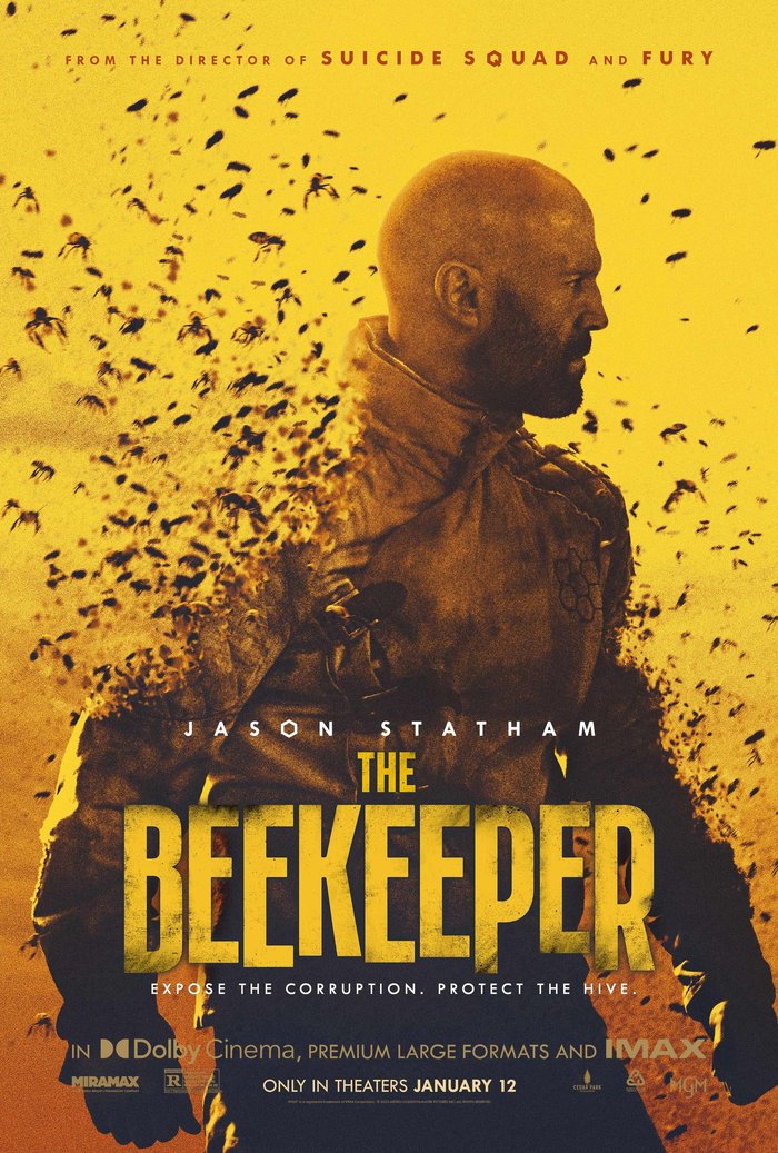 Theatrical poster for The Beekeeper (2024), showing Jason Statham in silhouette surrounded by bees against a yellow background
